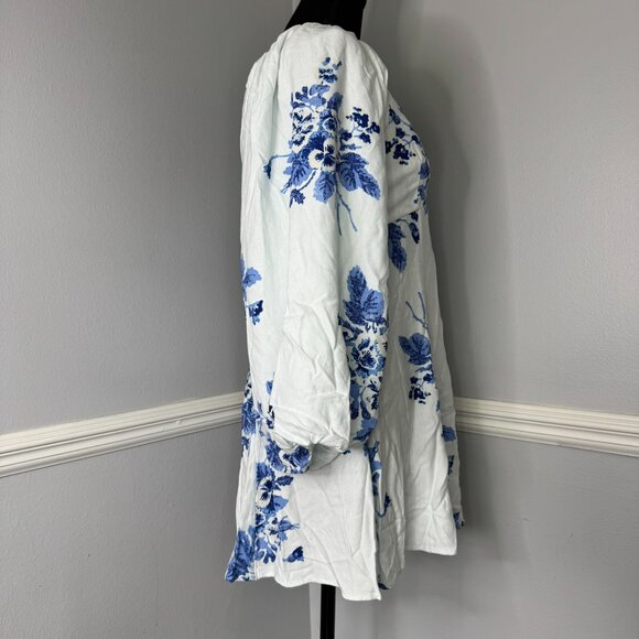 Free People Floral Francesca Blue White Swing Mini Dress Casual Balloon Sleeve S - Picture 6 of 7